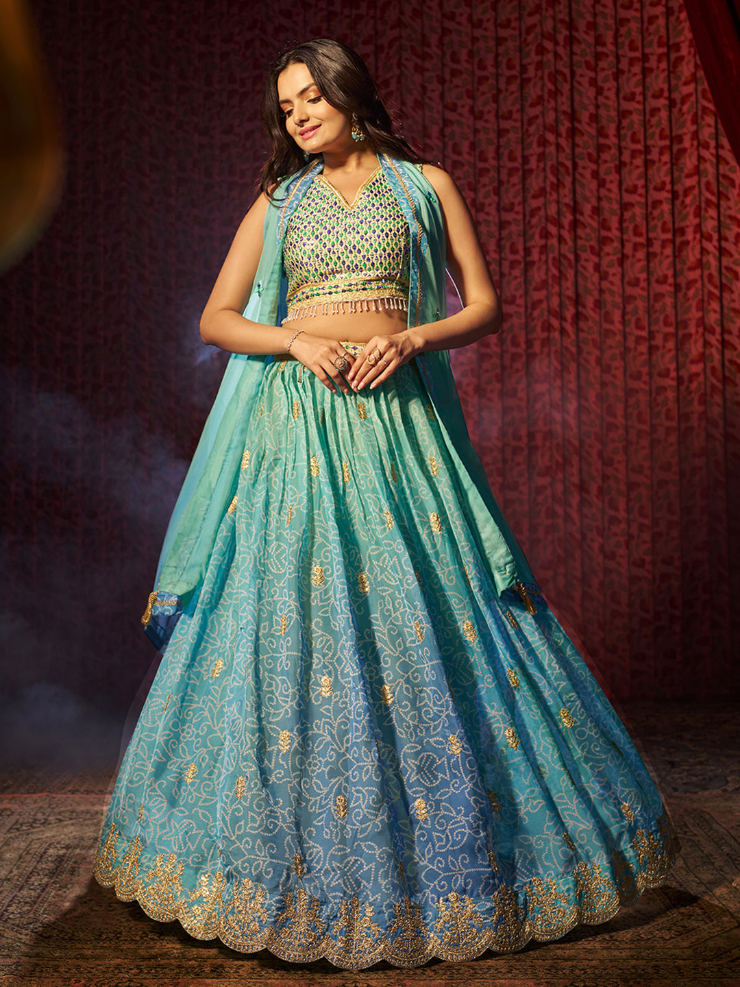 Breathtaking Blue Printed or Embroidered Organza Lehenga Choli