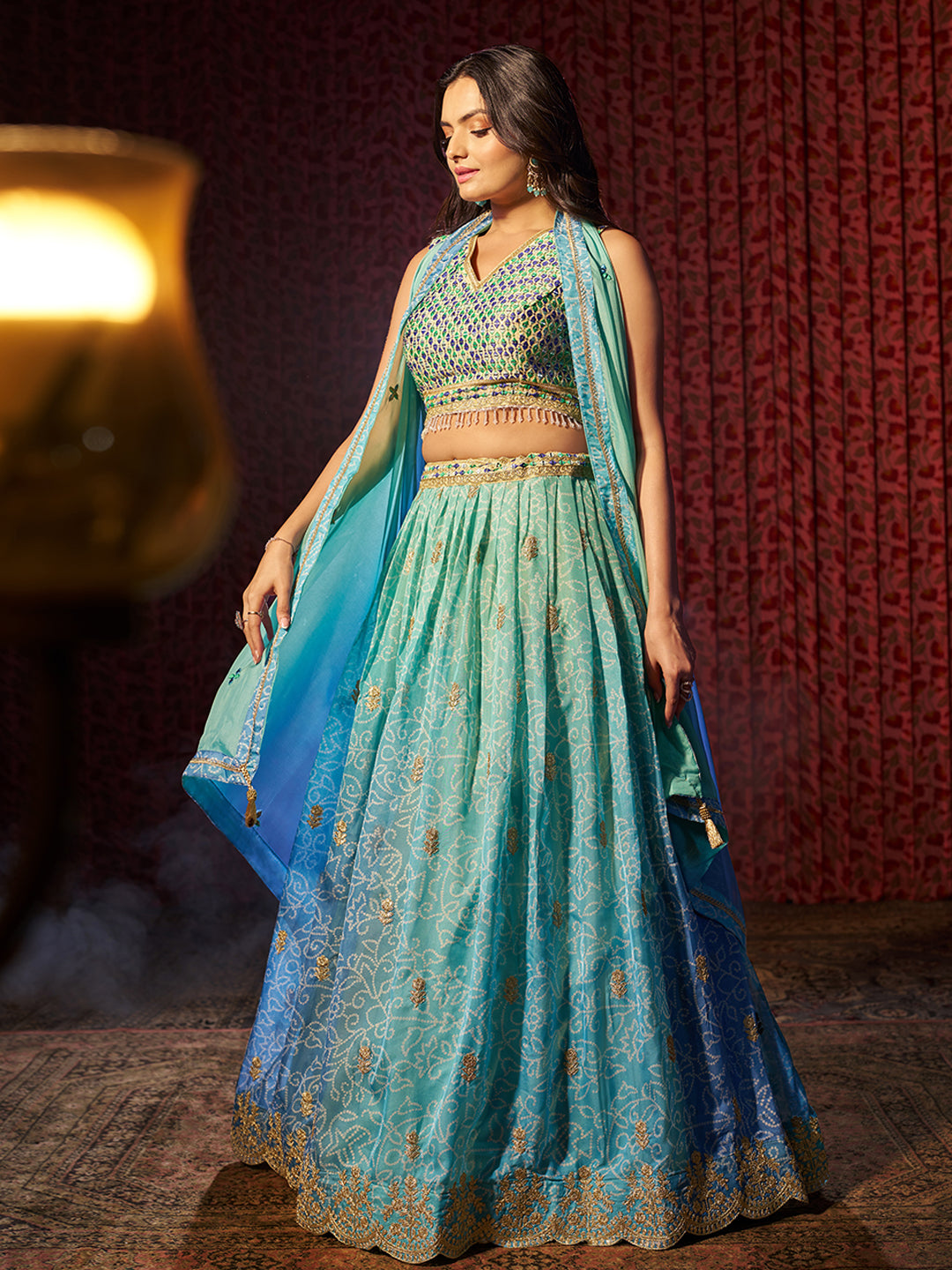 Breathtaking Blue Printed or Embroidered Organza Lehenga Choli