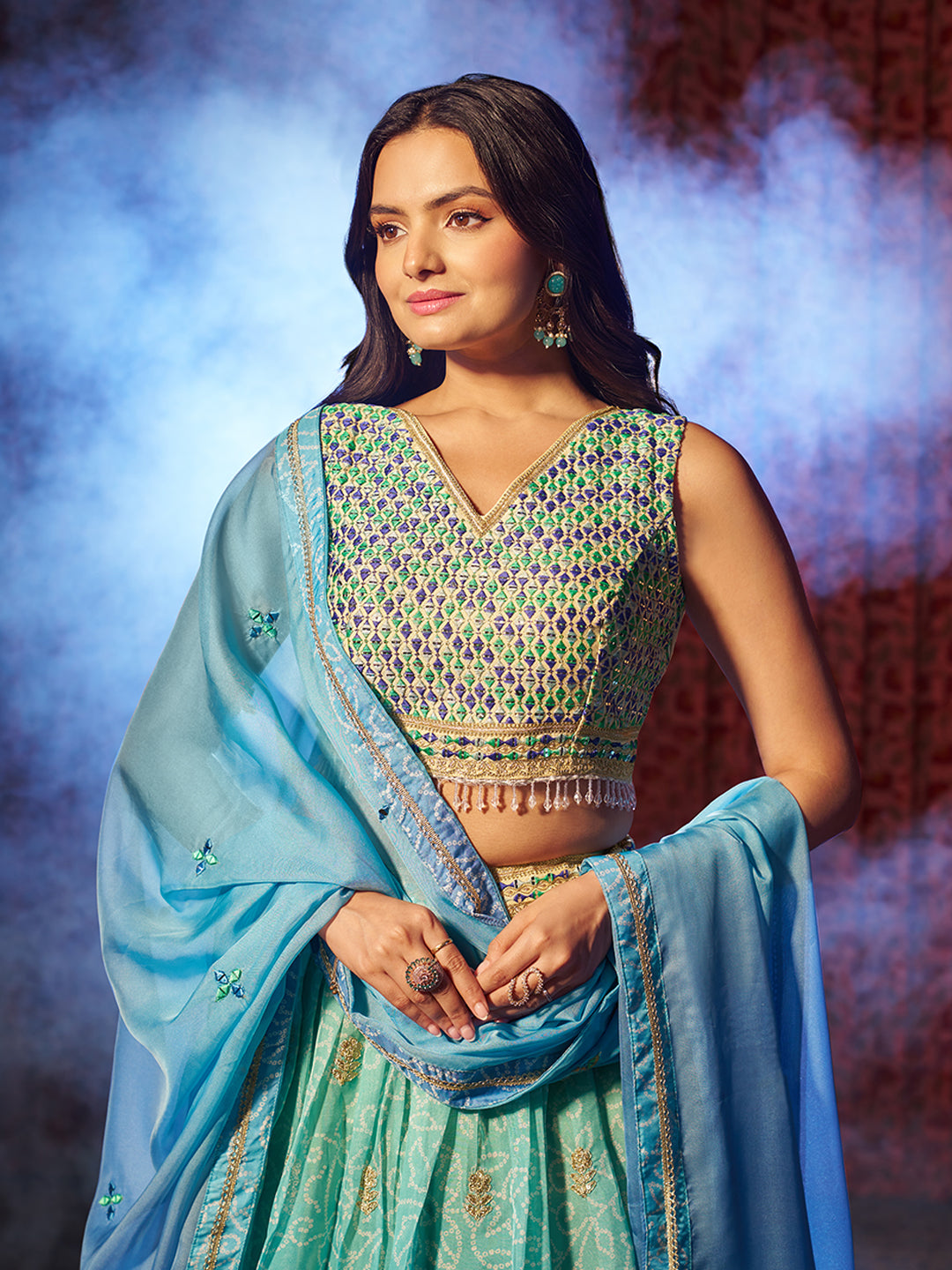 Breathtaking Blue Printed or Embroidered Organza Lehenga Choli