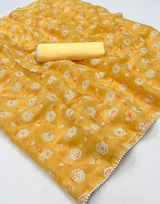 Yellow Simar Silk Saree With Printed Work