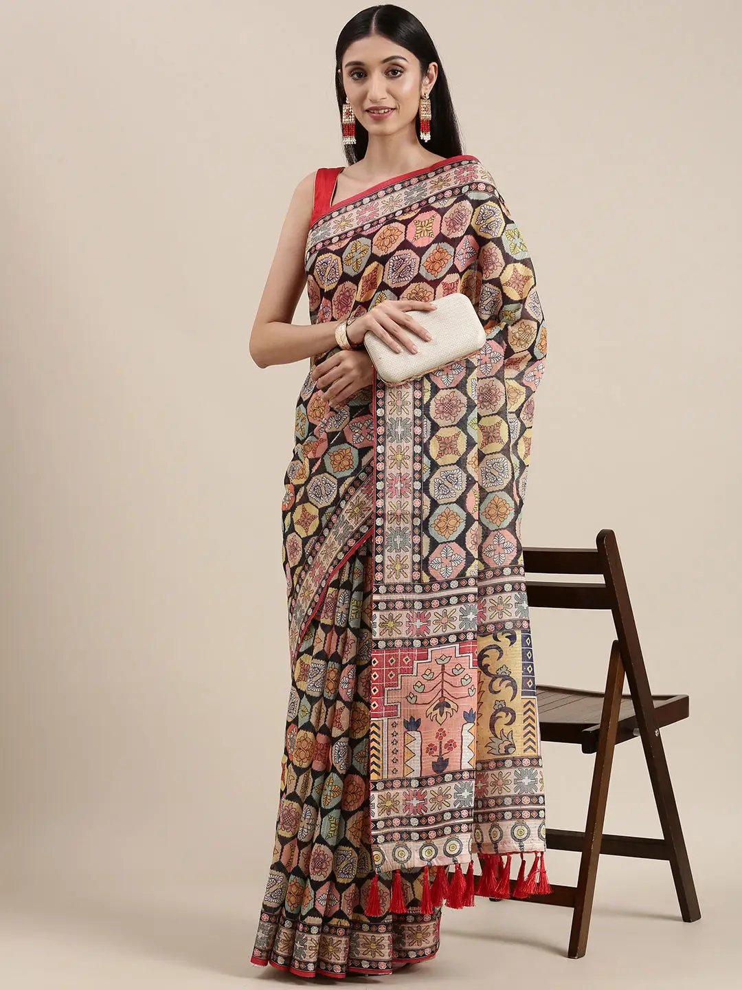 Black Colour Soft Linen Block Print Party Wear Saree