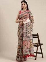 Black Colour Soft Linen Block Print Party Wear Saree