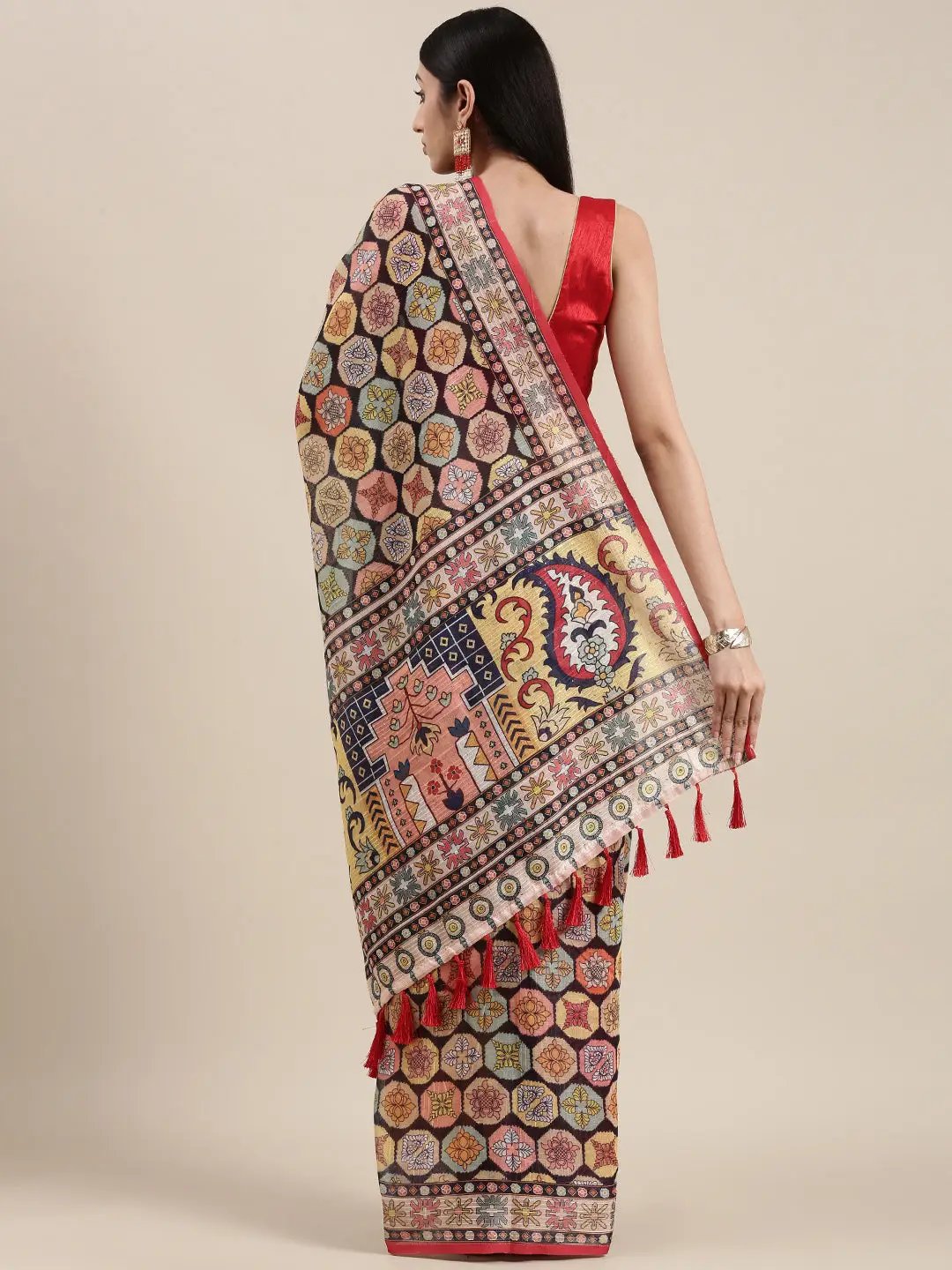 Black Colour Soft Linen Block Print Party Wear Saree
