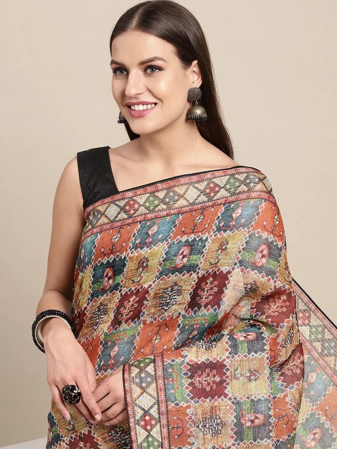 Soft Linen Kalamkari Block Print Party Wear Saree