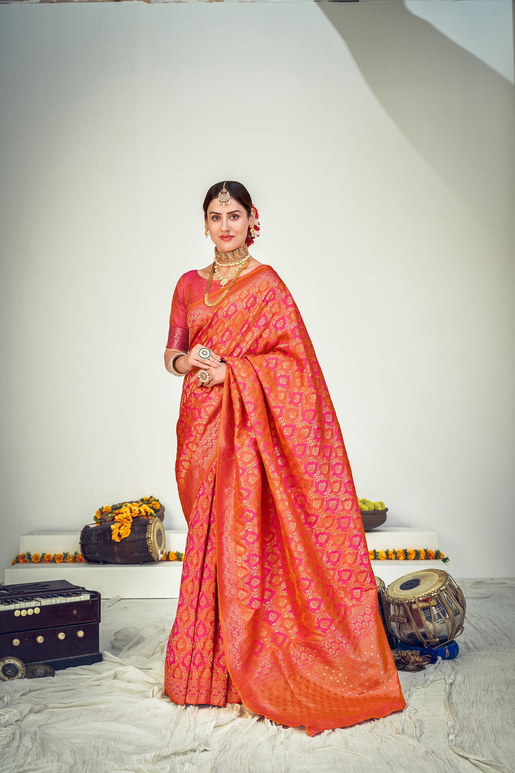 Sangeet Wear Art Silk Fabric Weaving Work Saree In Peach Color