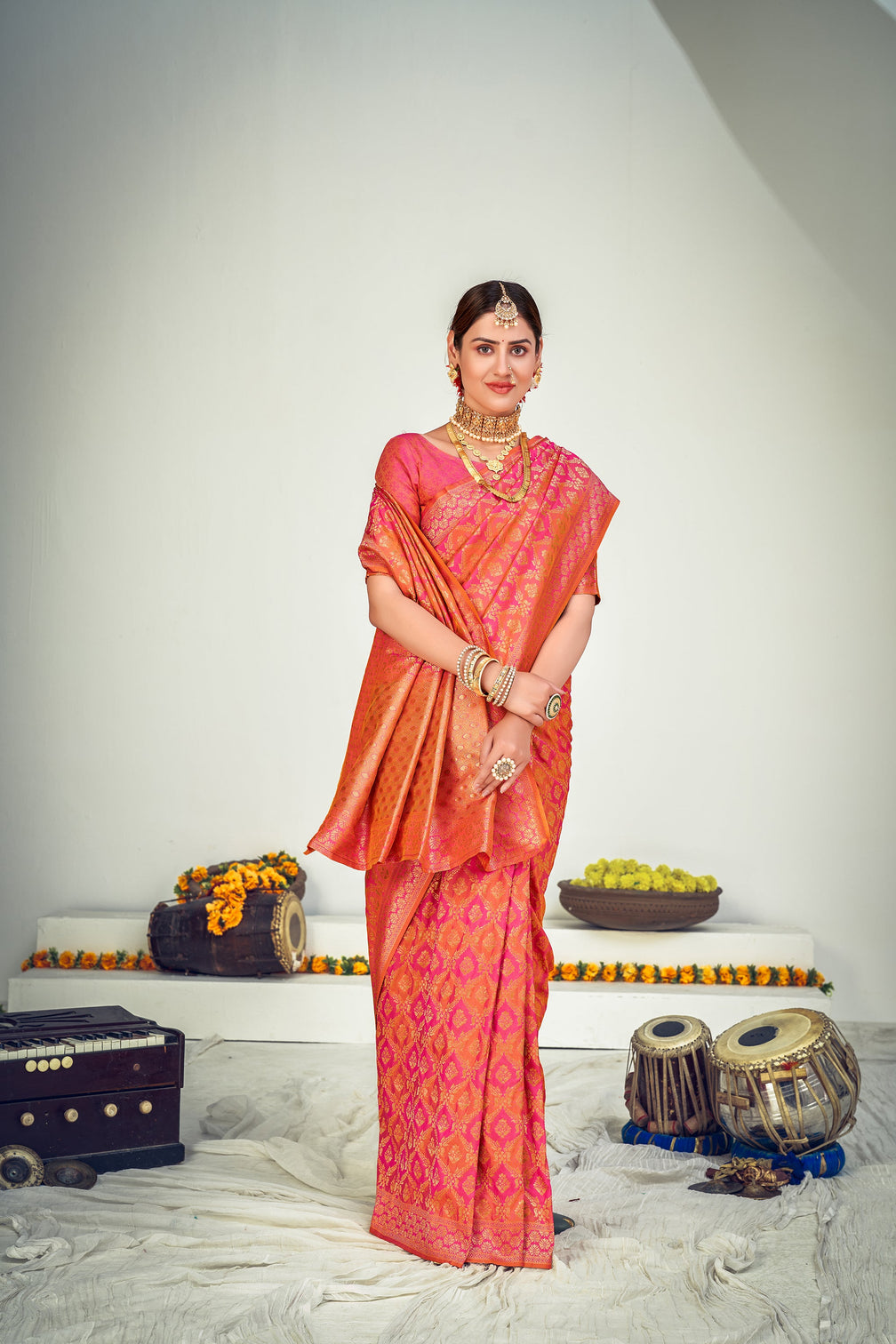 Sangeet Wear Art Silk Fabric Weaving Work Saree In Peach Color
