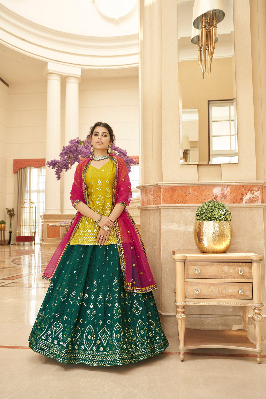 Sangeet Wear Chiffon Fabric Dark Green Color Spectacular Embroidered Work Lehenga