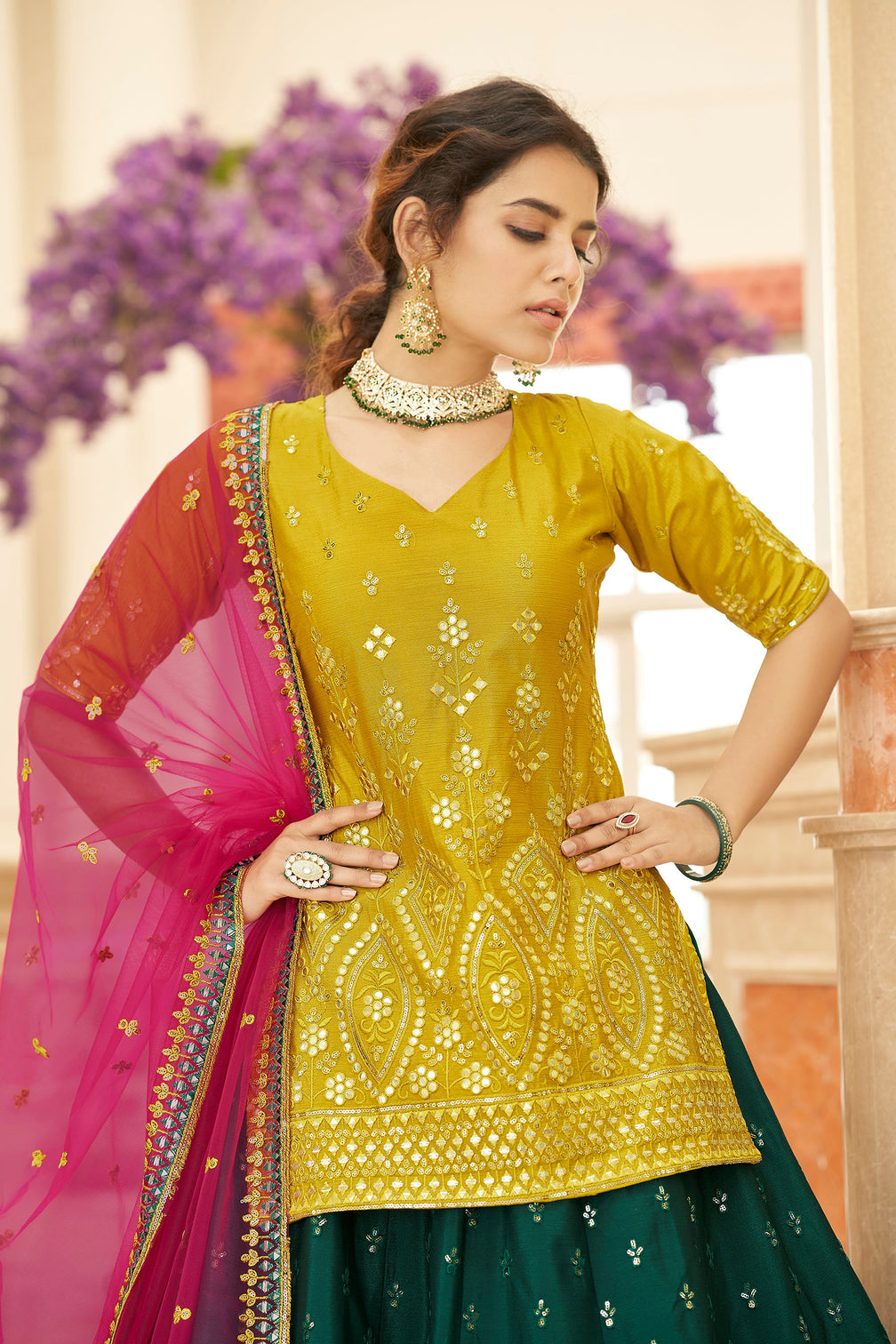 Sangeet Wear Chiffon Fabric Dark Green Color Spectacular Embroidered Work Lehenga