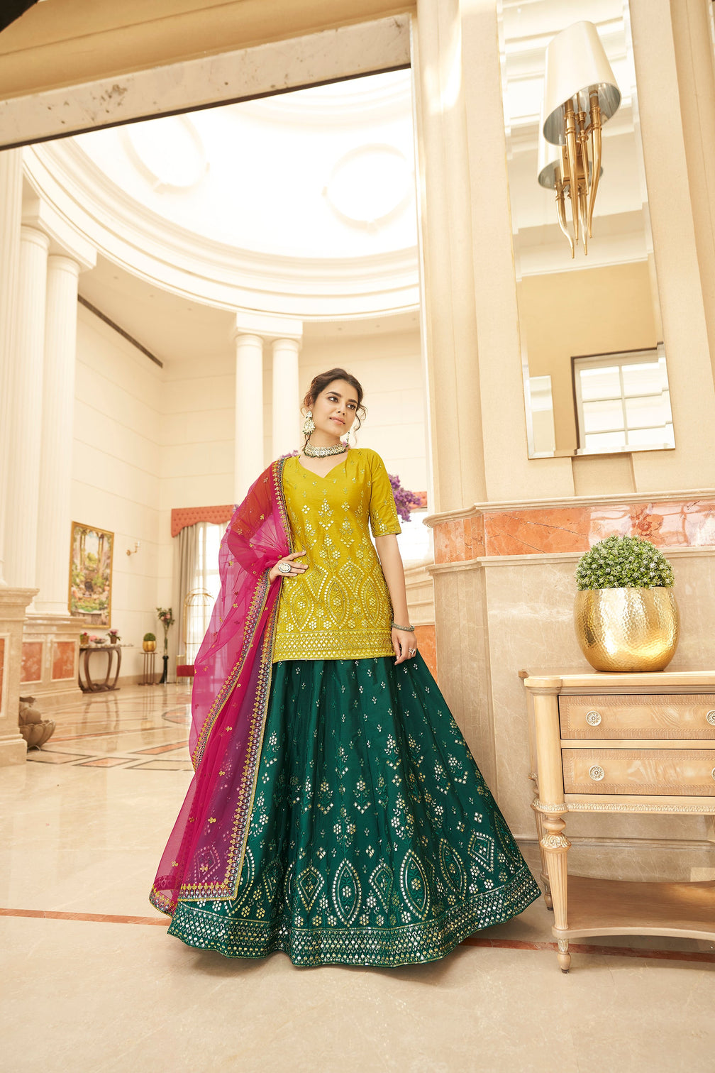 Sangeet Wear Chiffon Fabric Dark Green Color Spectacular Embroidered Work Lehenga