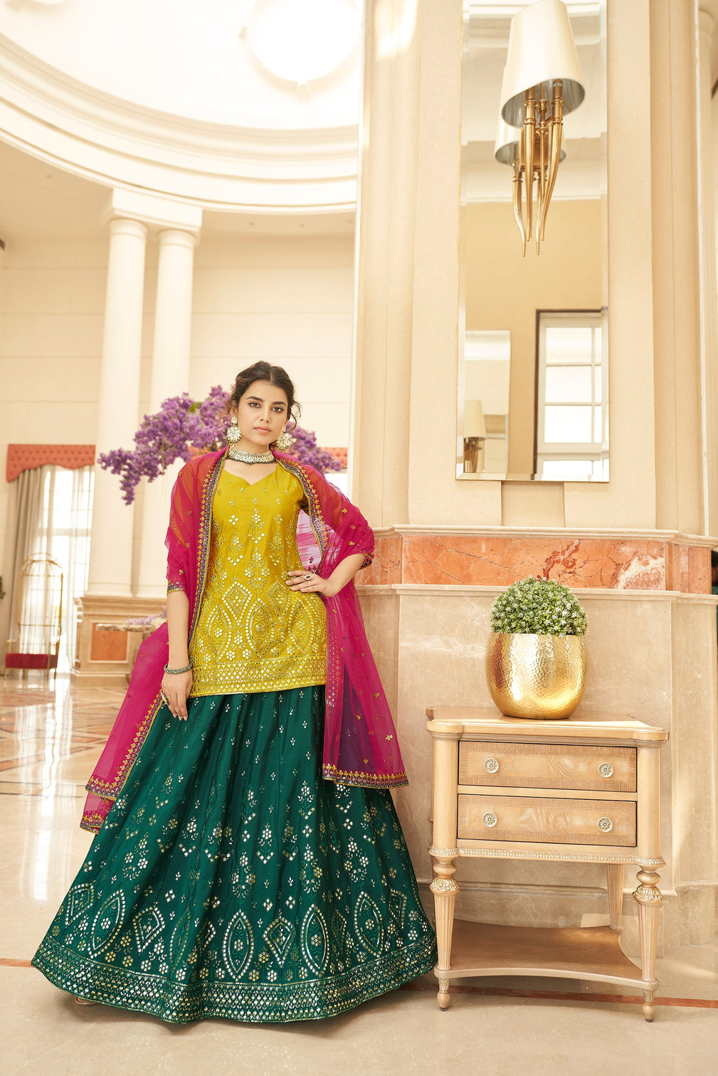 Sangeet Wear Chiffon Fabric Dark Green Color Spectacular Embroidered Work Lehenga
