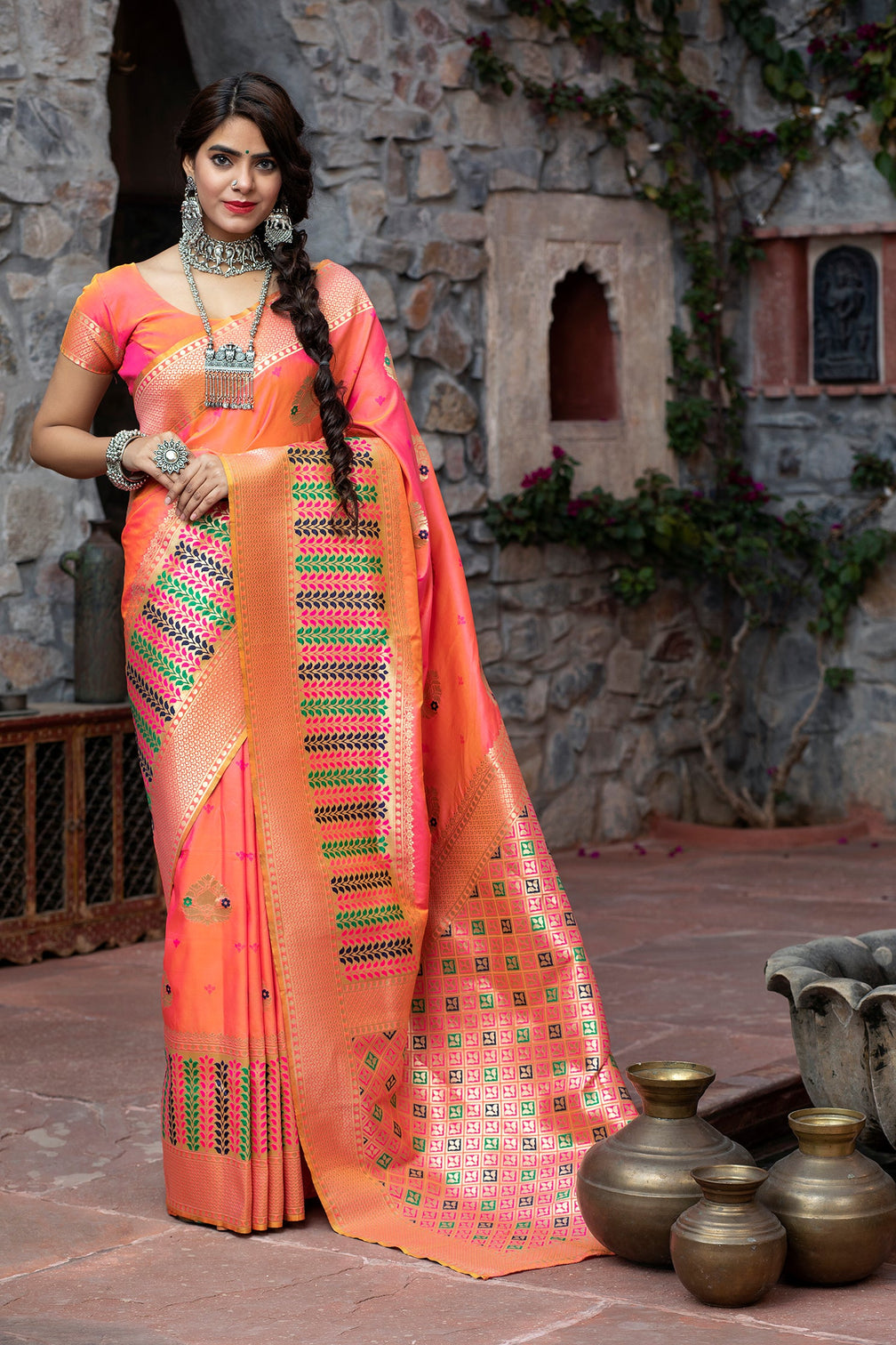 Sangeet Wear Peach Color Art Silk Fabric Fancy Weaving Work Saree