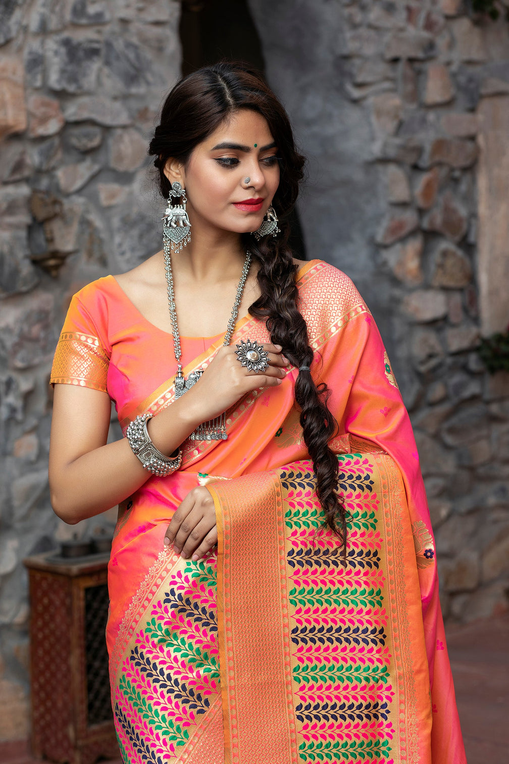 Sangeet Wear Peach Color Art Silk Fabric Fancy Weaving Work Saree