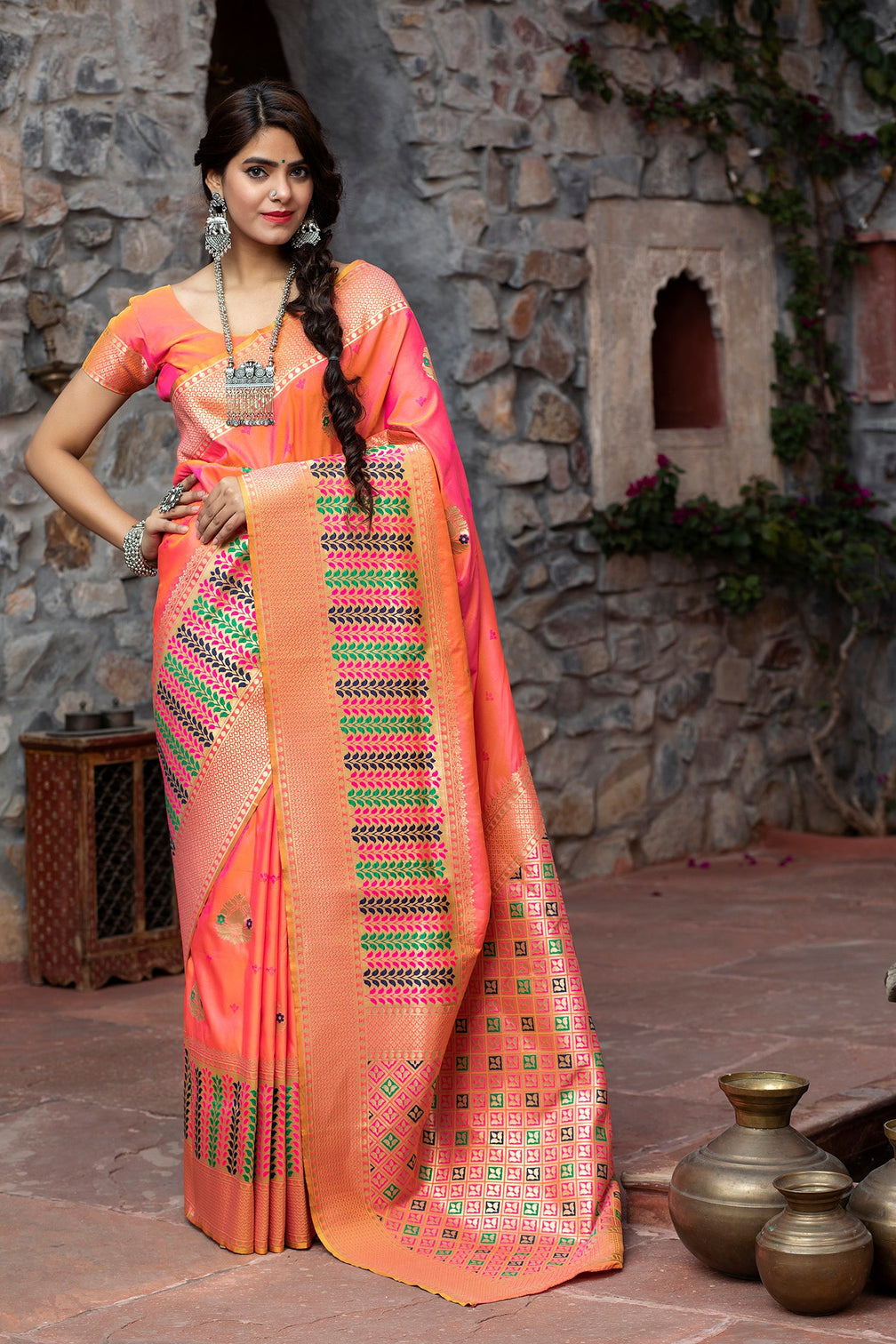 Sangeet Wear Peach Color Art Silk Fabric Fancy Weaving Work Saree