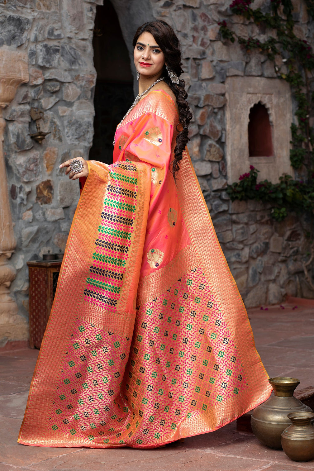 Sangeet Wear Peach Color Art Silk Fabric Fancy Weaving Work Saree