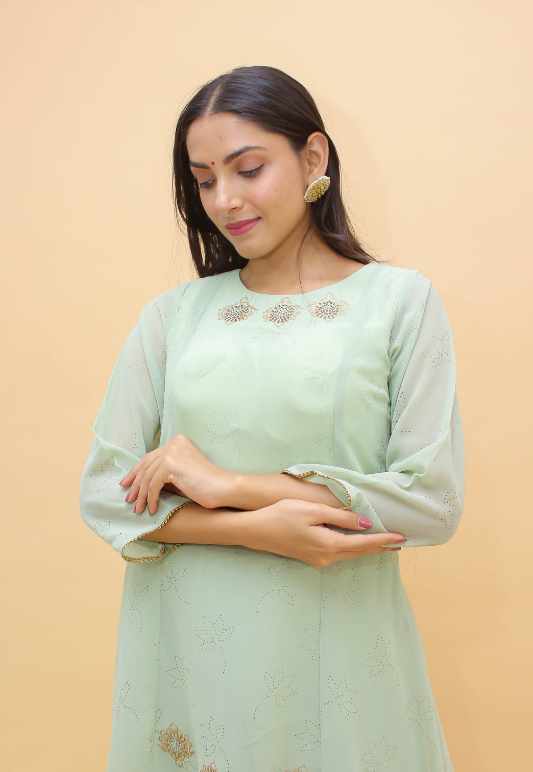Sea Green Pakistani Georgette Plazo Suit For Indian Festival & Weddings - Rubber Print Work, Swarovski Work