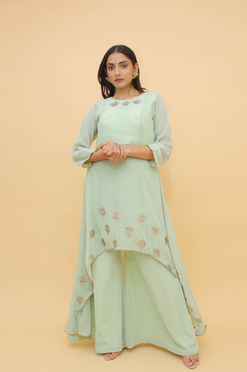 Sea Green Pakistani Georgette Plazo Suit For Indian Festival & Weddings - Rubber Print Work, Swarovski Work