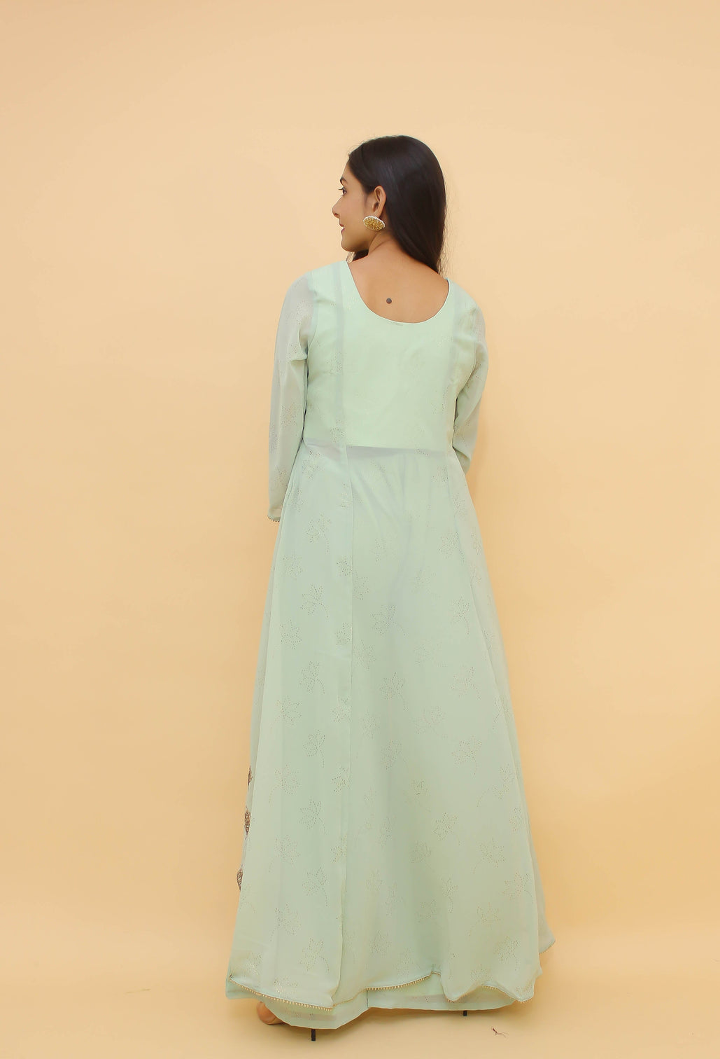 Sea Green Pakistani Georgette Plazo Suit For Indian Festival & Weddings - Rubber Print Work, Swarovski Work