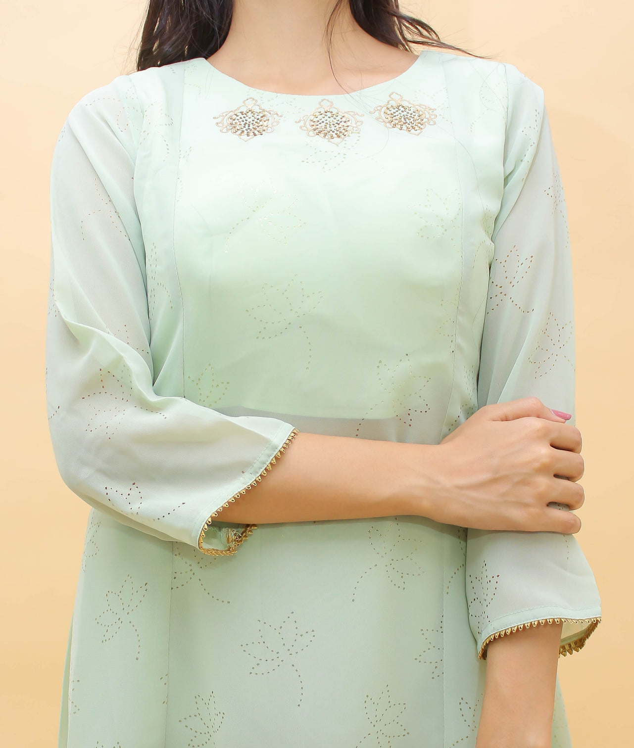 Sea Green Pakistani Georgette Plazo Suit For Indian Festival & Weddings - Rubber Print Work, Swarovski Work