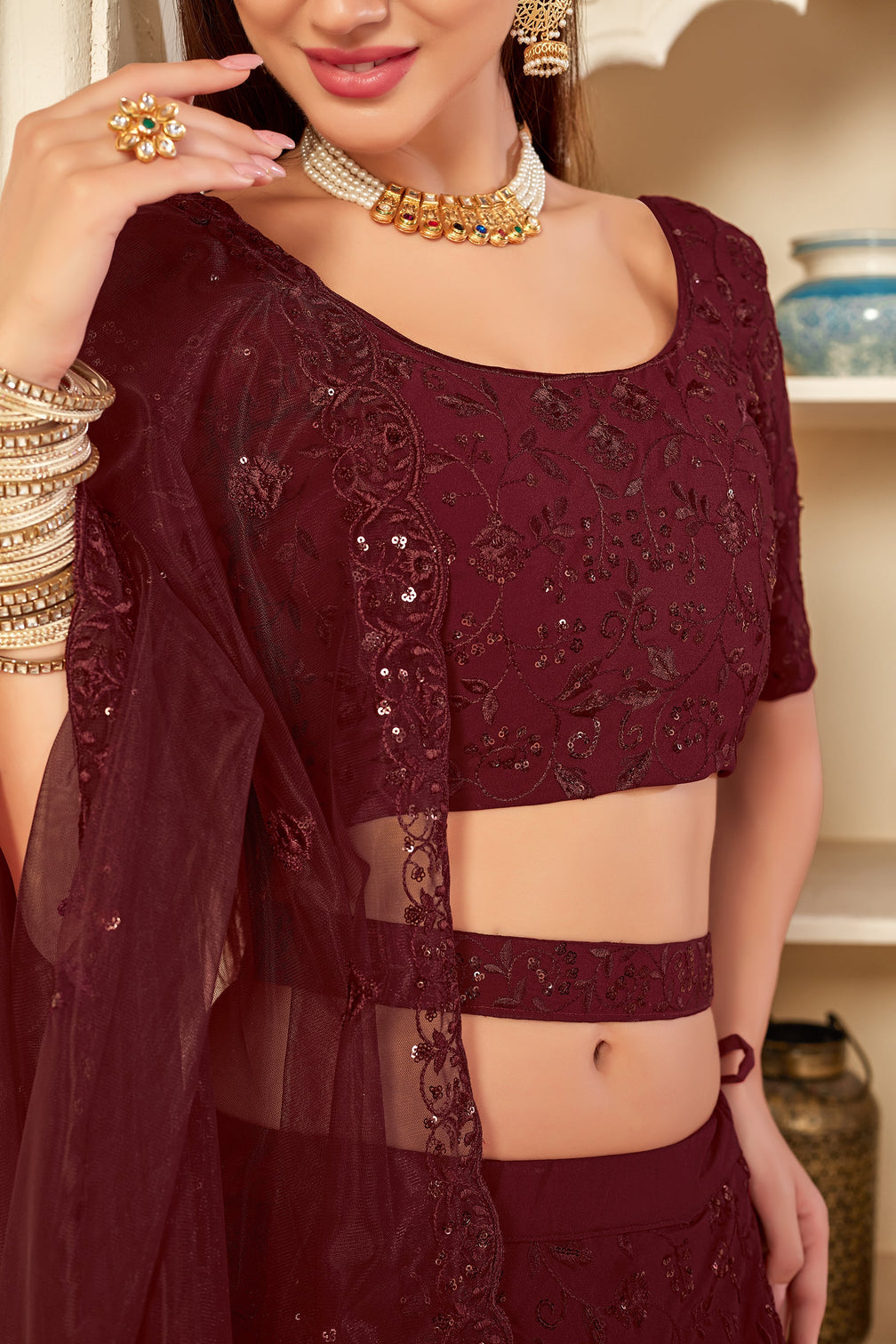 Seductive Maroon Thread And Sequins Embroidered Georgette Party Wear Lehenga