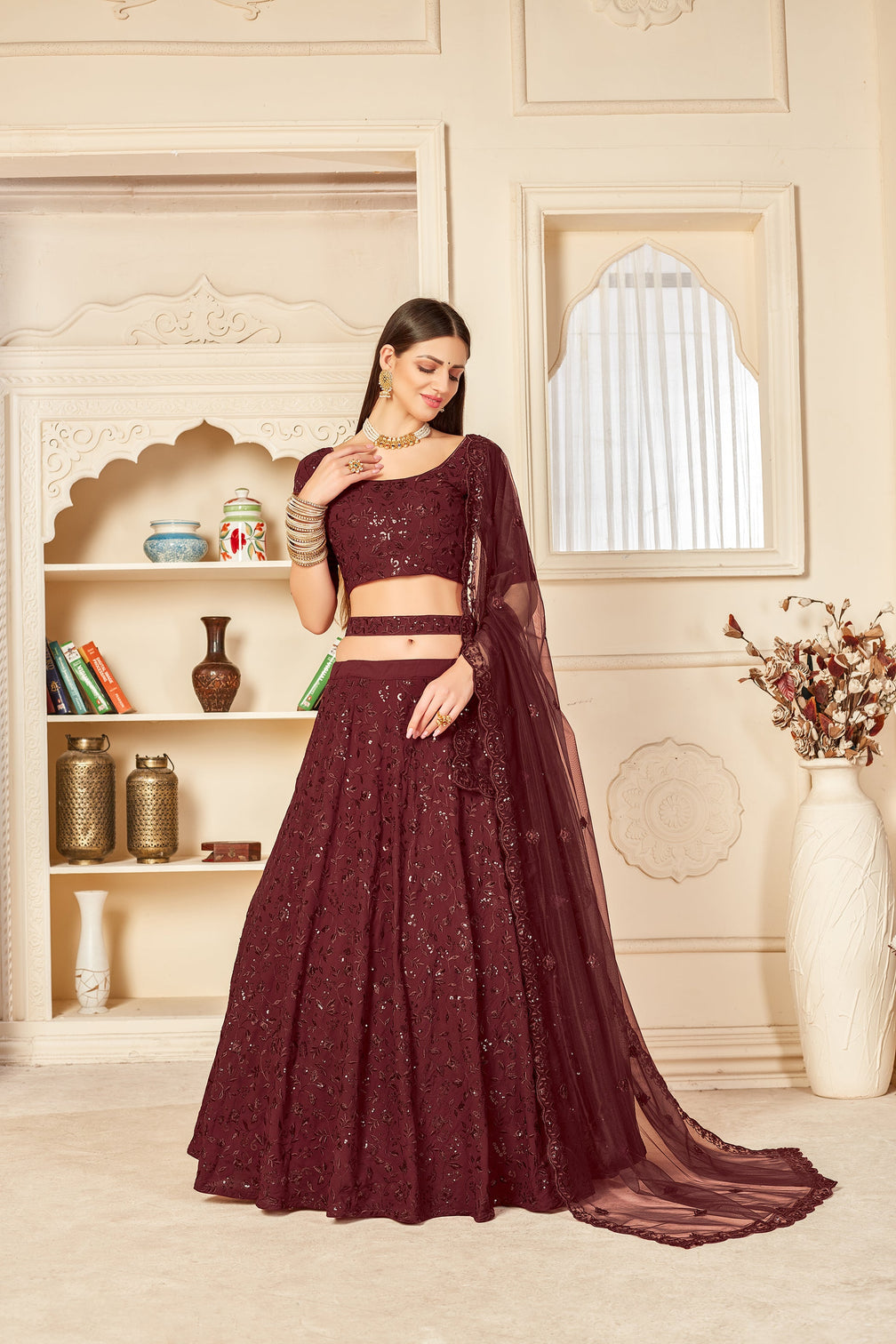 Seductive Maroon Thread And Sequins Embroidered Georgette Party Wear Lehenga