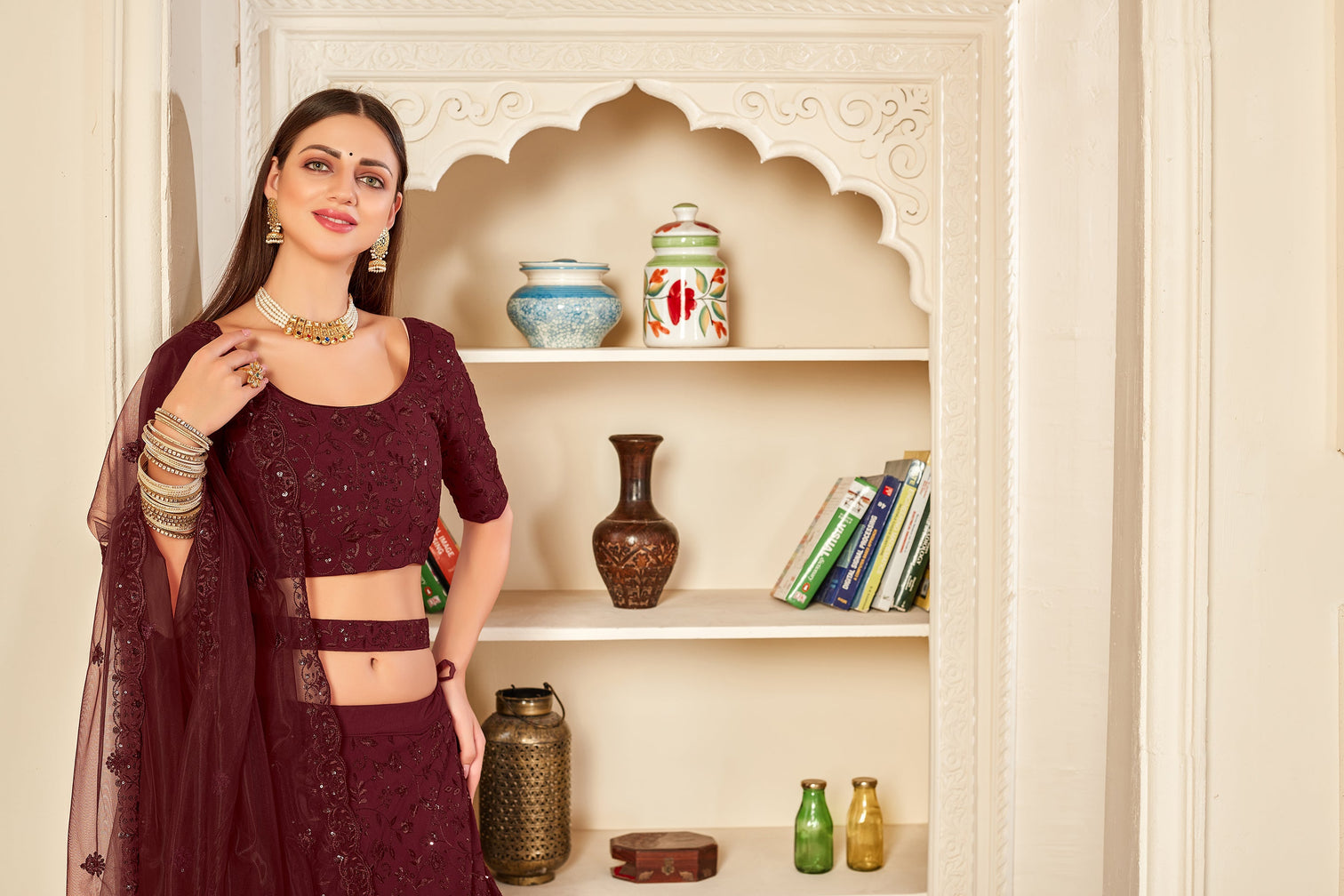 Seductive Maroon Thread And Sequins Embroidered Georgette Party Wear Lehenga