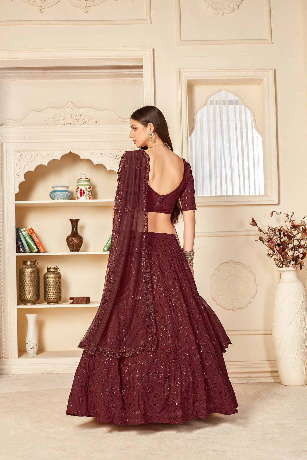 Seductive Maroon Thread And Sequins Embroidered Georgette Party Wear Lehenga