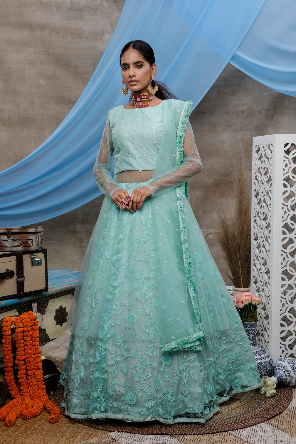 Seductive Mint Green Thread Embroidered With Stone Pasting Net Designer Gown With Dupatta Semi Stitched