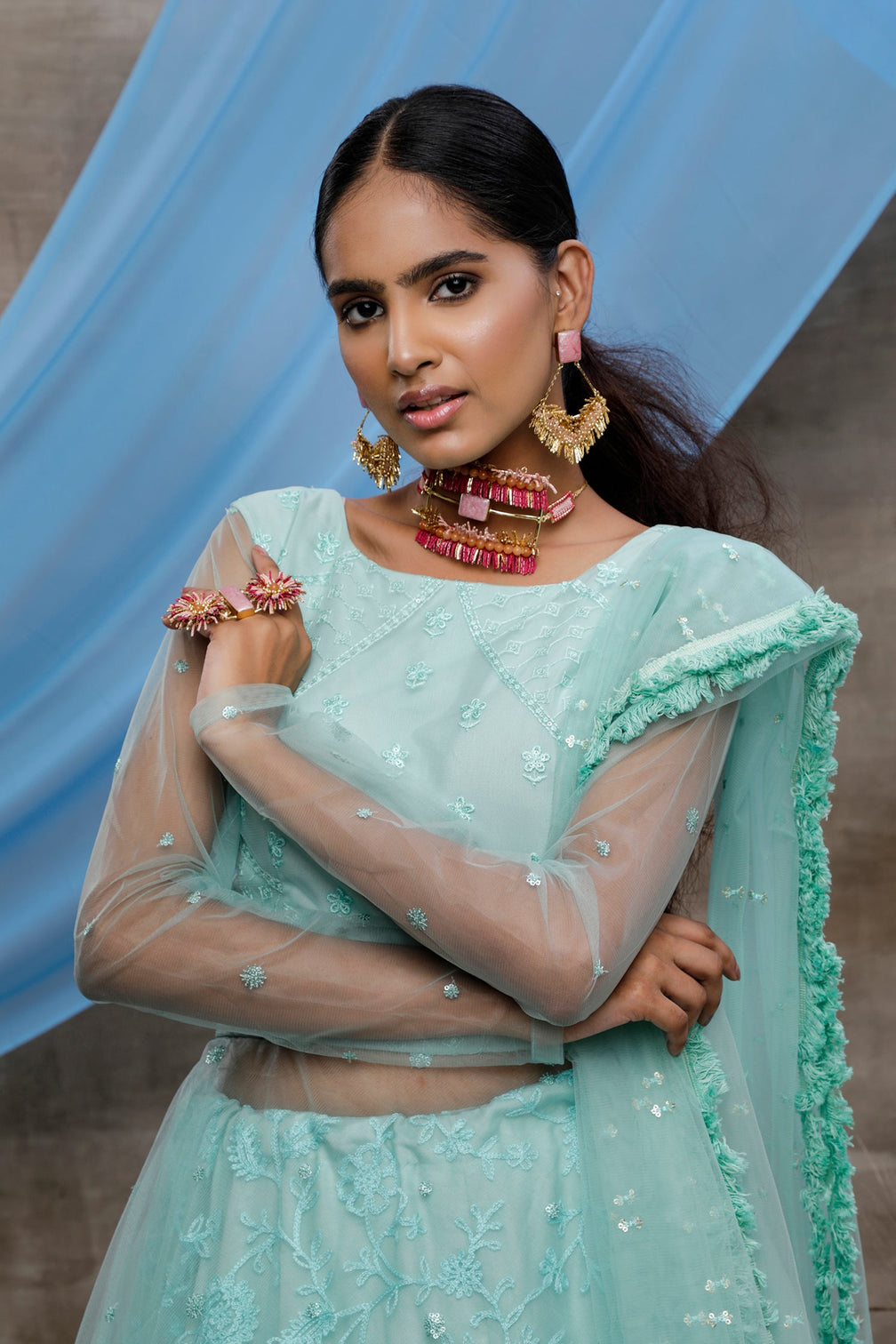 Seductive Mint Green Thread Embroidered With Stone Pasting Net Designer Gown With Dupatta Semi Stitched