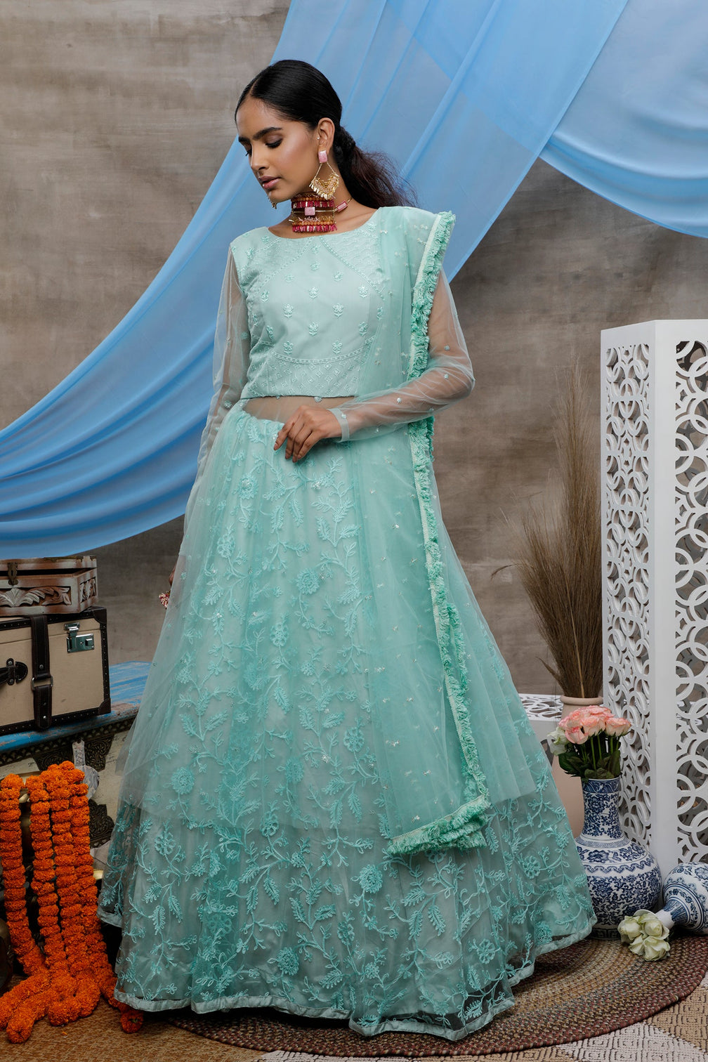 Seductive Mint Green Thread Embroidered With Stone Pasting Net Designer Gown With Dupatta Semi Stitched