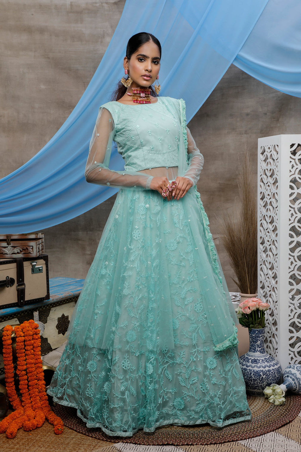 Seductive Mint Green Thread Embroidered With Stone Pasting Net Designer Gown With Dupatta Semi Stitched