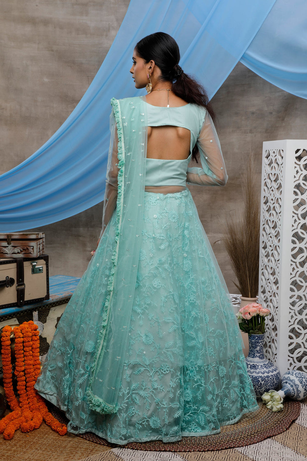 Seductive Mint Green Thread Embroidered With Stone Pasting Net Designer Gown With Dupatta Semi Stitched