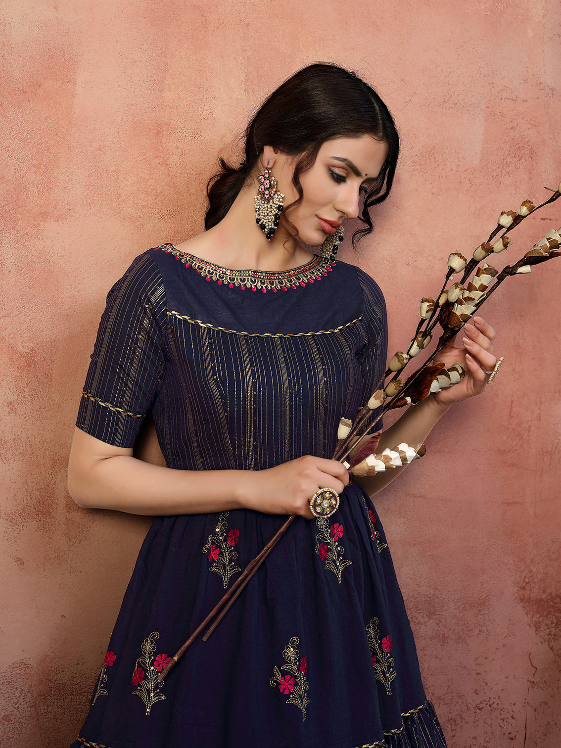 Seductive Navy-Blue Thread With Zari Lining Sequence Embroidered Silk Evening Long Gown Semi Stitched