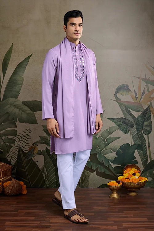 Dusty Pink Mirror Work Kurta for Men - Designer Wear