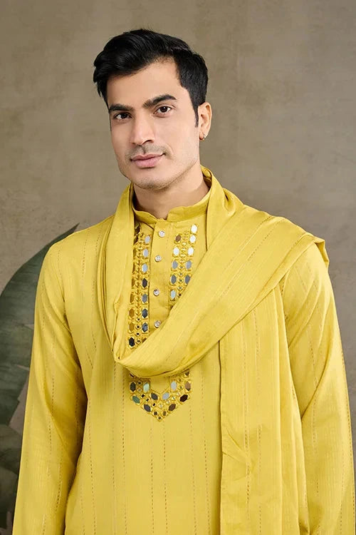 Stylish Look Perfect Haldi Yellow Color Men's Kurta with Dupatta