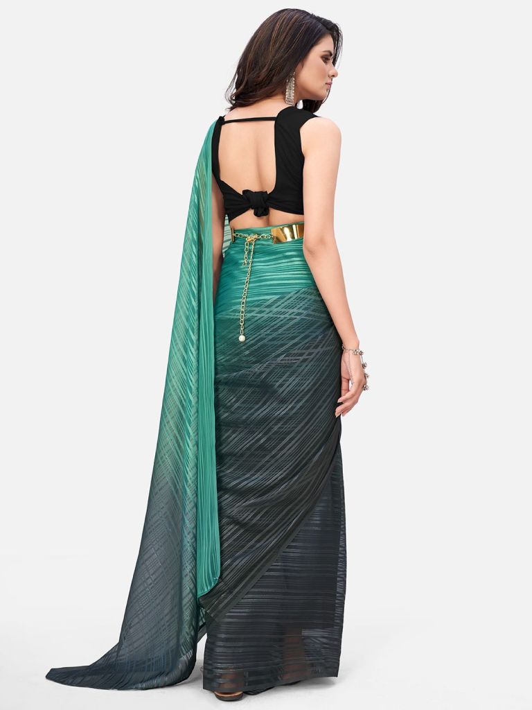 Sensational Teal Striped  Ready to Wear Saree