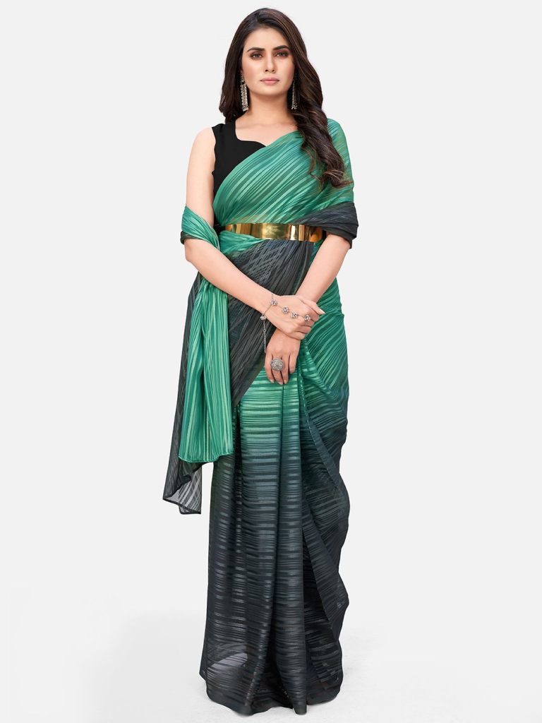 Sensational Teal Striped  Ready to Wear Saree