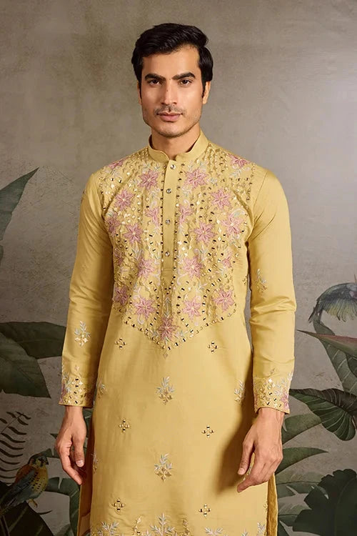 Haldi Special Outfit Mirror Work Mens Kurta Set