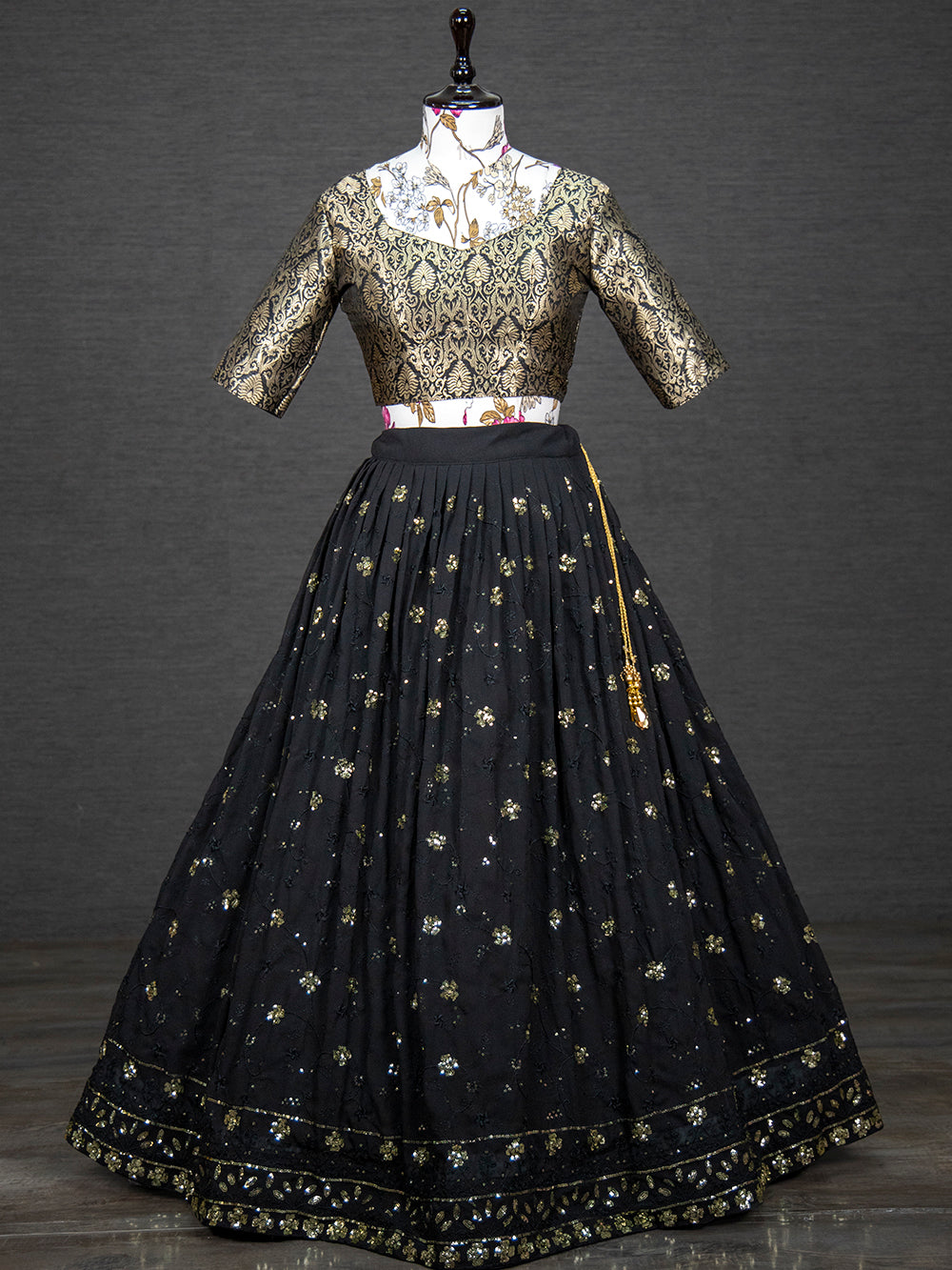 Black Color Sequins And Thread Embroidery Work Georgette Lehenga Choli Set