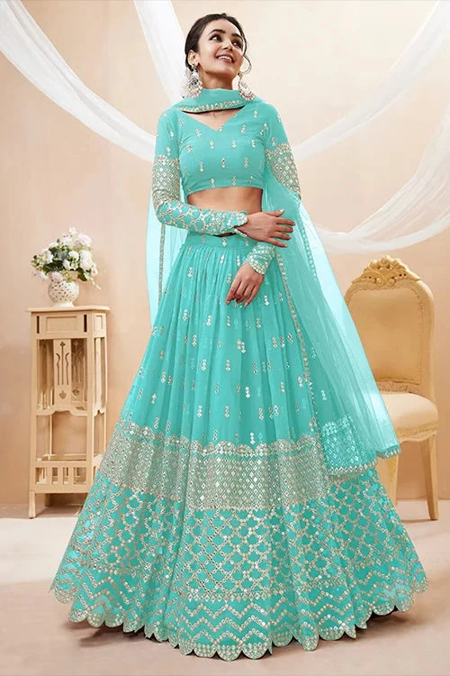 Sky Blue Georgette Embroidered Wedding Lehenga Choli