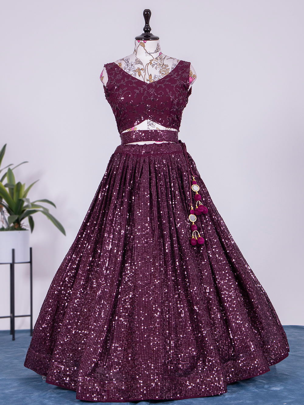 Wine Color Sequins and Thread Embroidery Work Georgette Lehenga