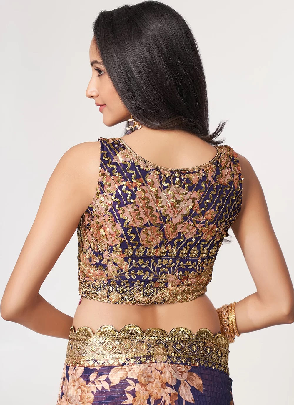 Sequins embroidery work with digital print saree in purple