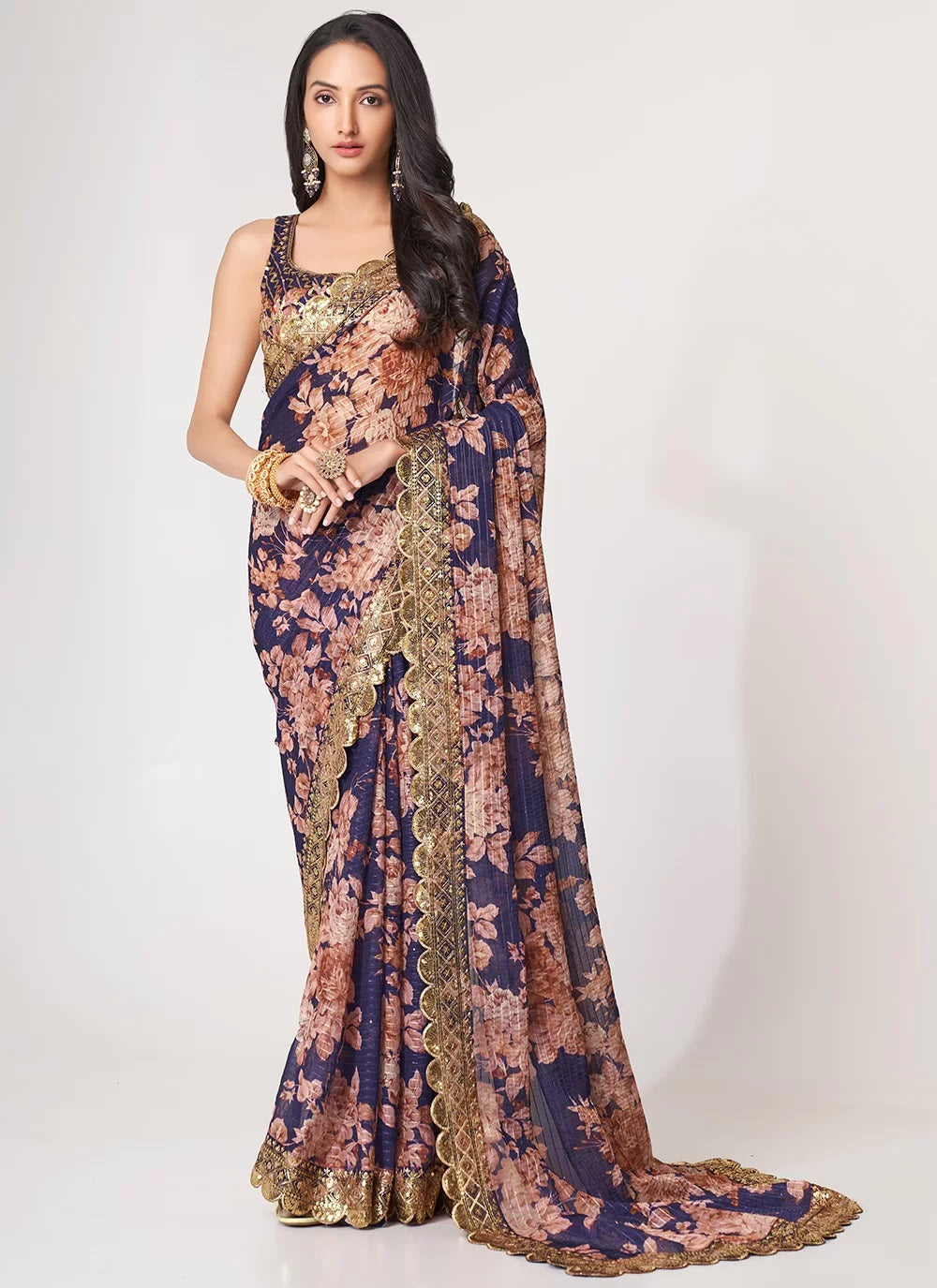 Sequins embroidery work with digital print saree in purple