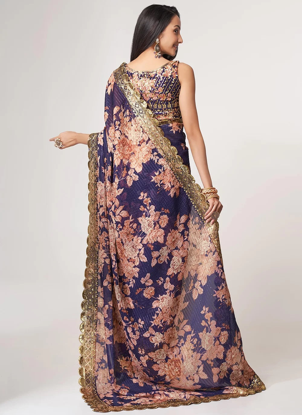 Sequins embroidery work with digital print saree in purple