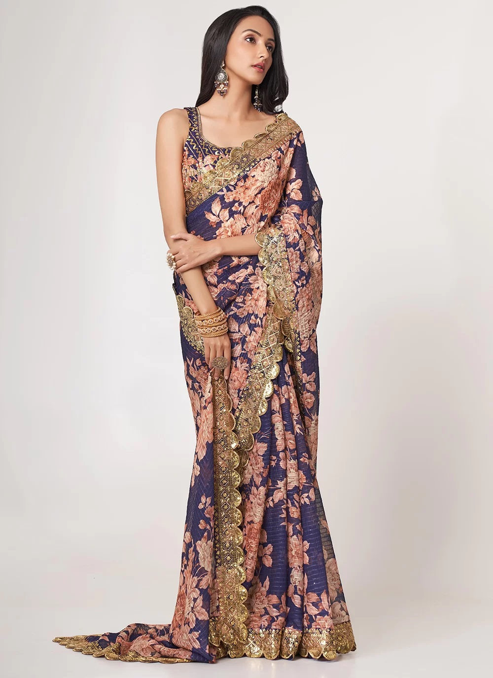 Sequins embroidery work with digital print saree in purple