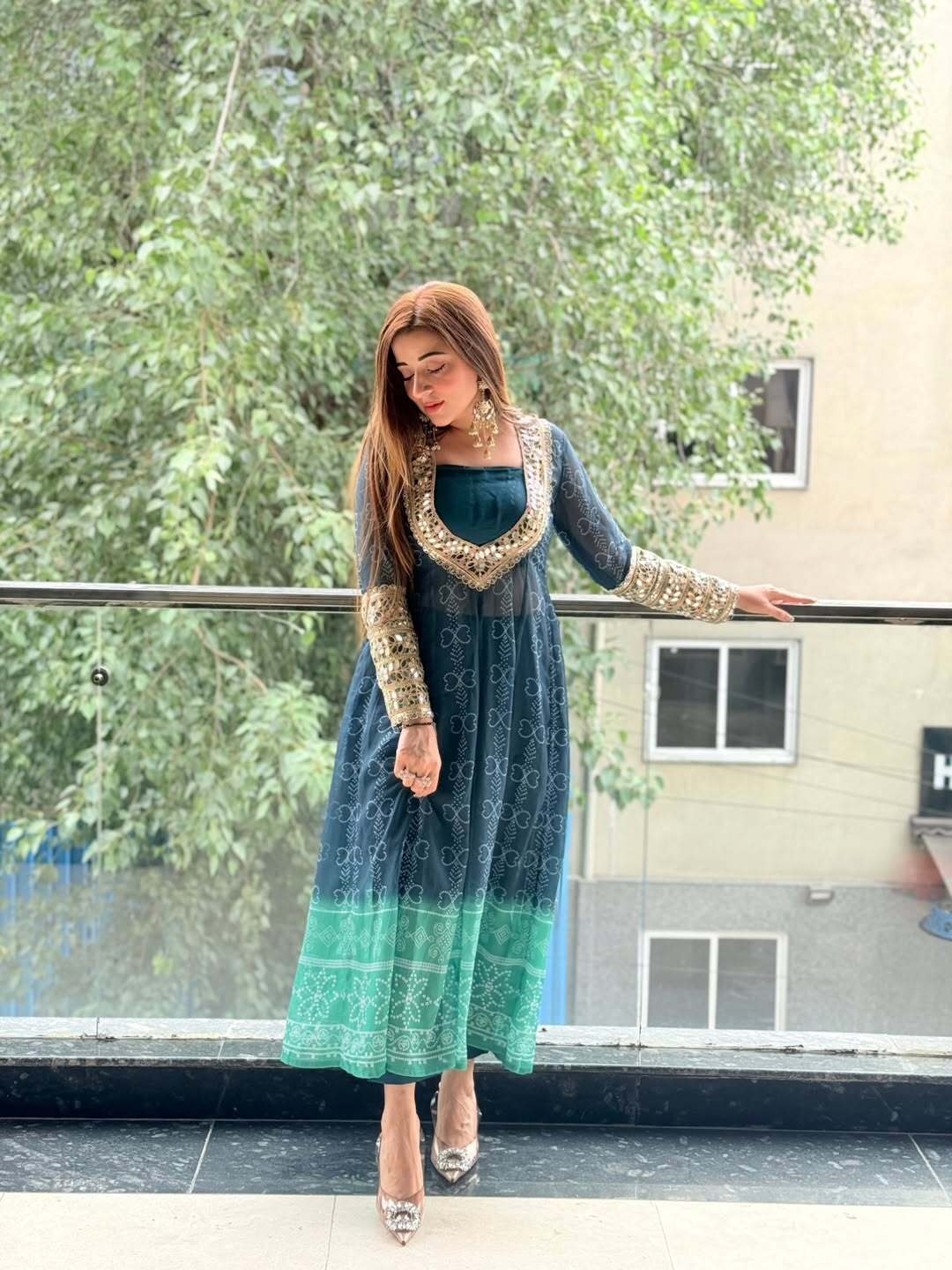 Ocean bloom georgette kurti set with mirror work 3 piece festive wear