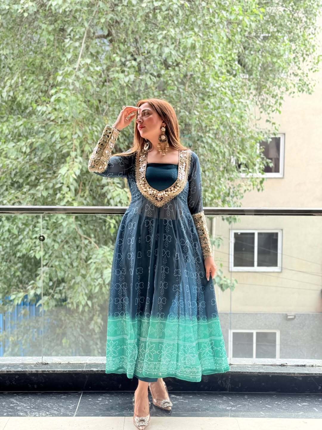 Ocean bloom georgette kurti set with mirror work 3 piece festive wear