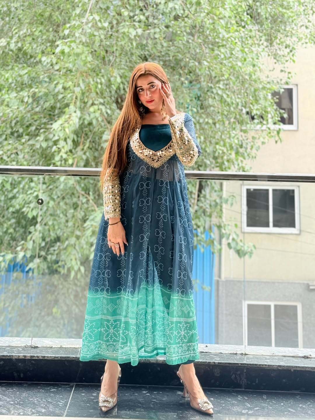 Ocean bloom georgette kurti set with mirror work 3 piece festive wear mameraa