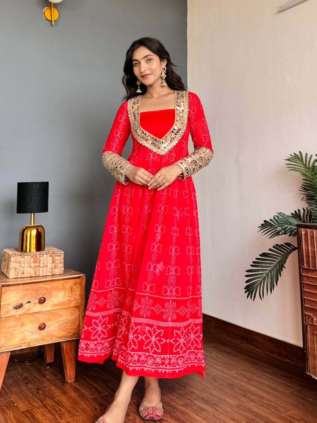 Red radiance georgette kurti set with mirror work 3 piece festive wear mameraa