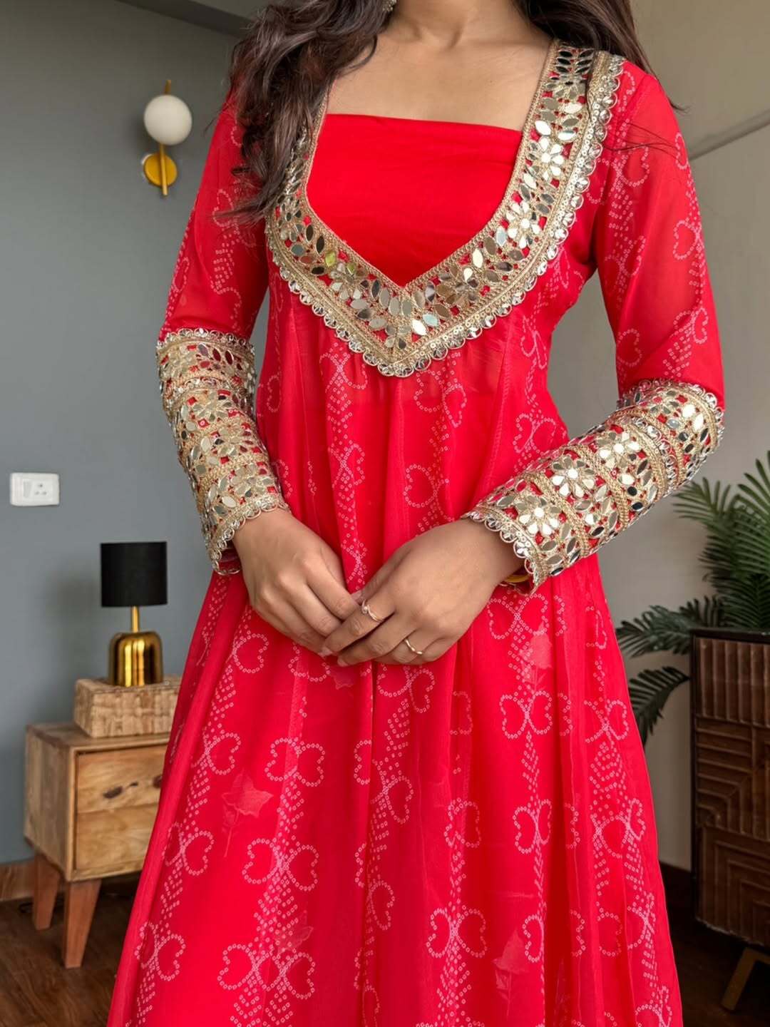 Red radiance georgette kurti set with mirror work 3 piece festive wear
