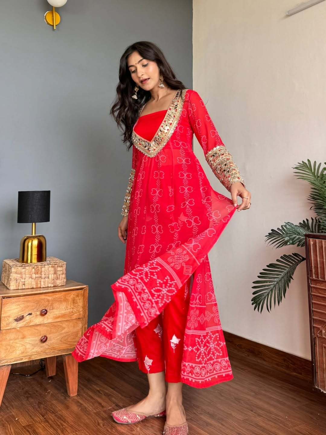 Red radiance georgette kurti set with mirror work 3 piece festive wear